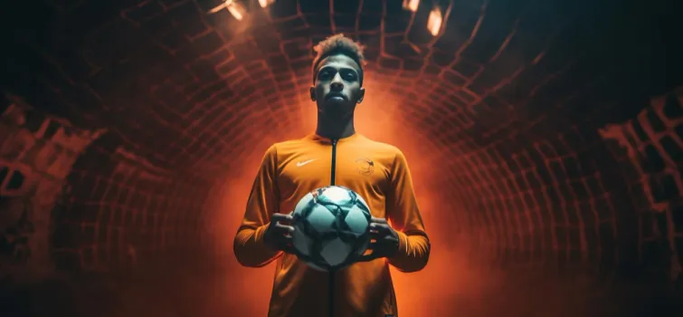 jogador de futebol com camisa laranja segurando bola de futebol